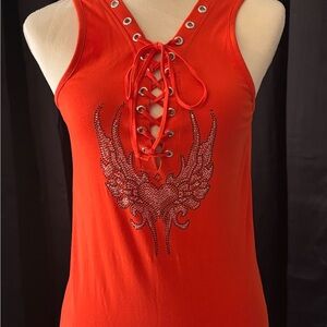Vance Biker Wear Red Lace-Up Rhinestone Wing Tank L